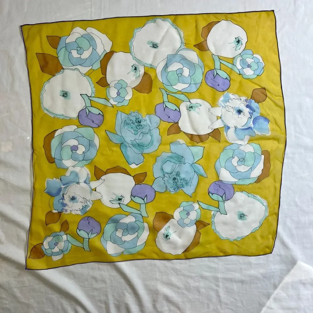 vintage yellow blue white floral scarf square poly chiffon